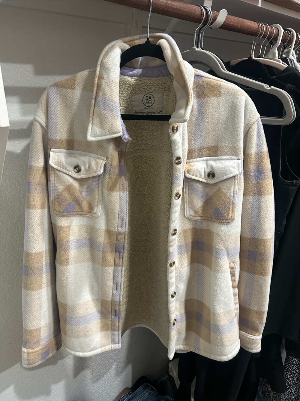 Sage Collective Cream, Beige & Light Lavender Plaid Shacket